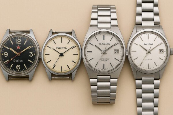 Immagine quadrata con quattro orologi vintage anni '80: Vostok e Raketa a sinistra, Technos e Sandoz a destra, su sfondo neutro beige