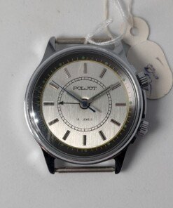 Orologio svegliarino meccanico Poljot 2612.1 NOS con quadrante argentato, indici applicati, doppia corona e il suo passaporto originale.