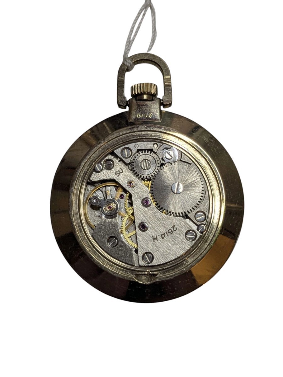 Orologio da tasca sovietico Raketa con marchio di qualità GOST - Grade B 4 Orologio sovietico vintage da collezione, movimento meccanico Poljot 2614.H con placcatura oro AU 5, vista del calibro.