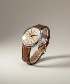 Orologio vintage russo da collezione con distintivo quadrante a parole cirilliche, cassa lucida e cinturino in pelle marrone.