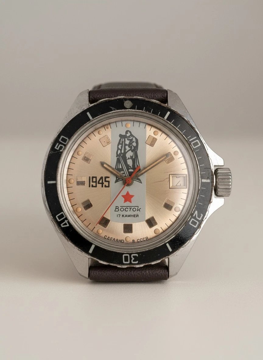 Orologio Vostok Komandirskie Della Vittoria – Meccanico Manuale 2414 - Grade B 1 Orologio Vostok Komandirskie vintage sovietico commemorativo 1945 con quadrante dorato, soldato, lunetta girevole, datario e 17 rubini.