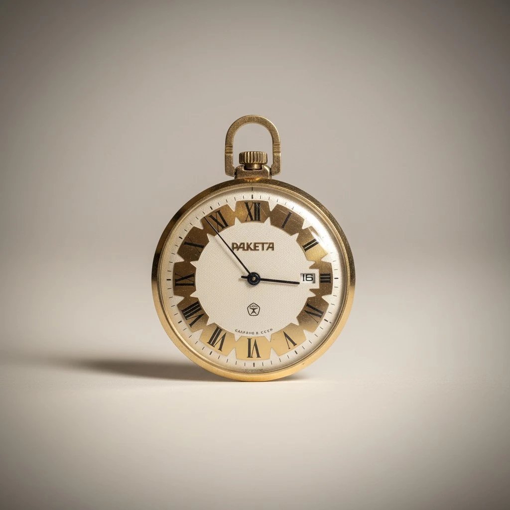 Orologio da tasca sovietico Raketa con marchio di qualità GOST - Grade B 1 Orologio da tasca vintage Raketa sovietico Made in USSR. Quadrante crema e oro, numeri romani e datario.