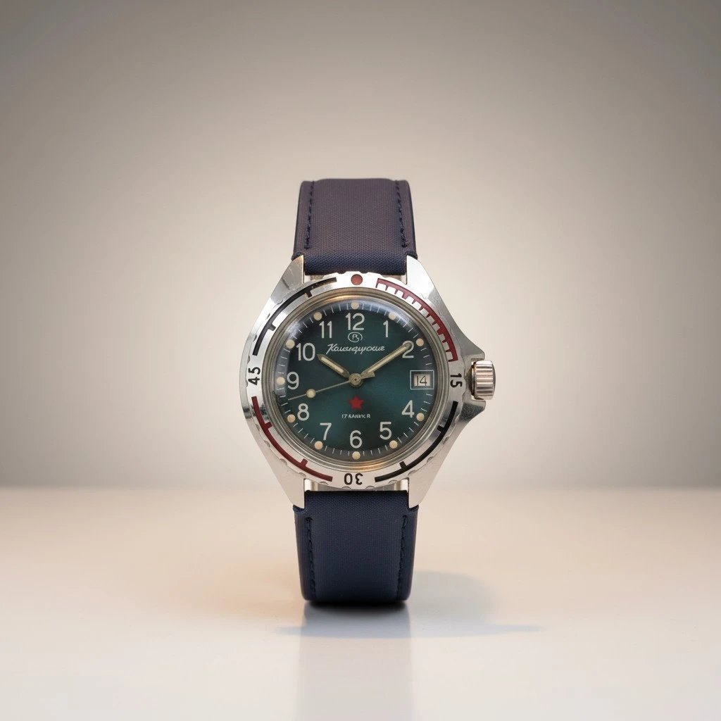 Vostok Komandirskie 2414 Sovietico anni '80 quadrante blu – Grade B 1 Orologio vintage russo Vostok Komandirskie, quadrante verde con stella rossa, datario, lunetta girevole e cinturino blu.