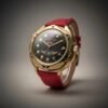 Orologio Vostok Komandirskie vintage sovietico con quadrante nero, stella rossa, indici dorati, datario e cinturino rosso in pelle.
