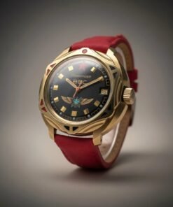 Orologi Russi e Sovietici Autentici – Vostok, Poljot, Raketa 10 Orologio Vostok Komandirskie vintage sovietico con quadrante nero, stella rossa, indici dorati, datario e cinturino rosso in pelle.