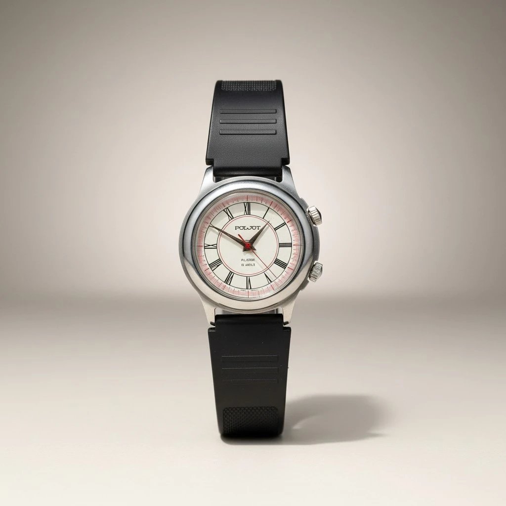 Orologio Poljot Alarm Calibro 2612.1 Anni 2000 Russia 1 Orologio da collezione Poljot Alarm vintage russo sovietico meccanico con quadrante bianco, numeri romani e cinturino in gomma nero.
