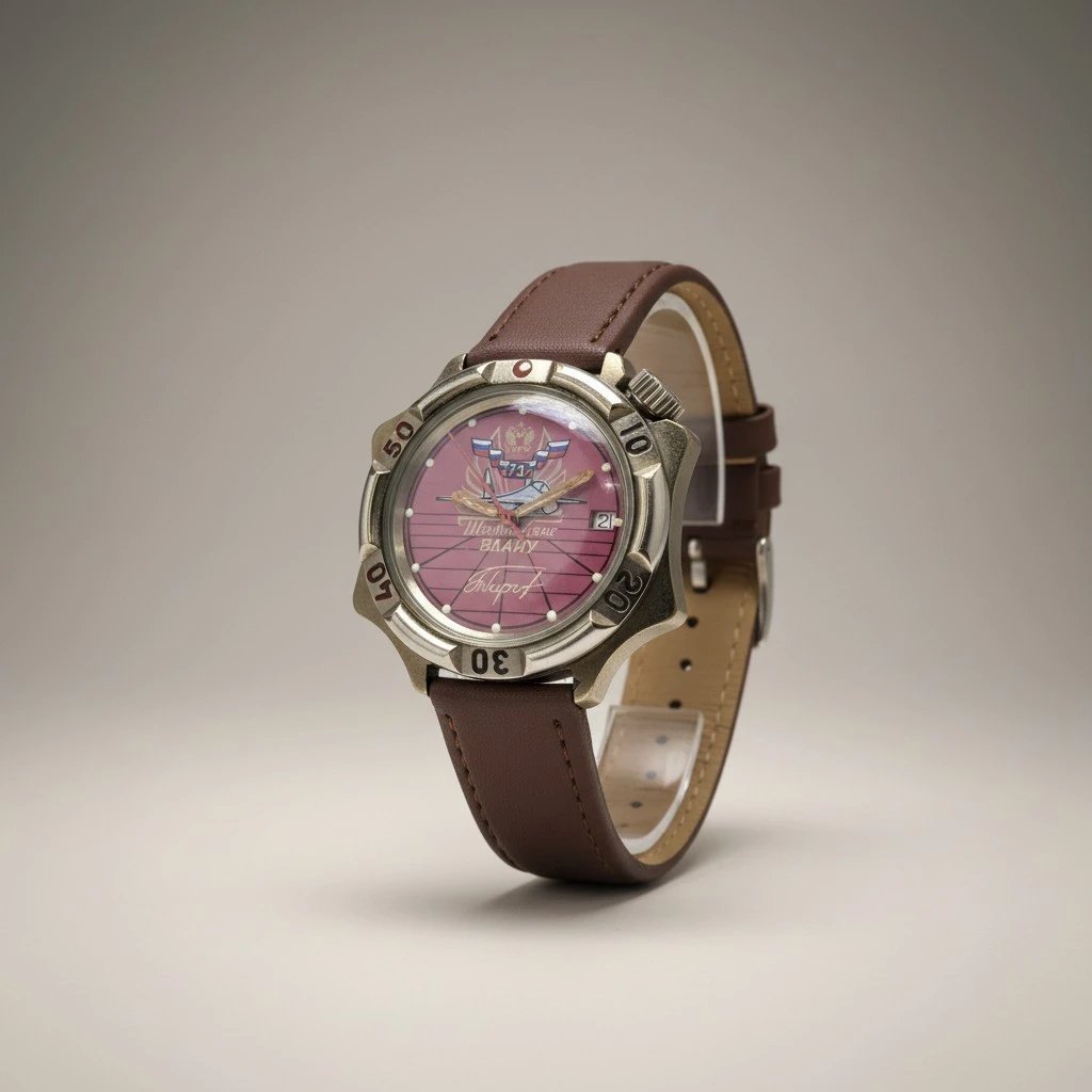 Vostok Komandirskie Scuola superiore di ingegneria aeronautica militare di Tambov – Grade B 1 Orologio Vostok Komandirskie vintage russo da collezione, quadrante rosso aviazione con aquila e jet MiG-29, datario e cinturino in pelle marrone.