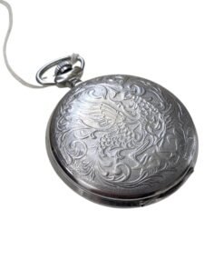 Orologio da tasca vintage russo sovietico da collezione, argento, con elaborato fondello inciso a motivo di uccello e floreale.