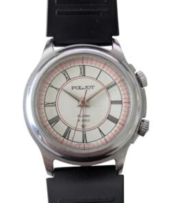 Orologio Poljot vintage russo da collezione con allarme, 18 rubini, quadrante bianco numeri romani e cinturino nero.