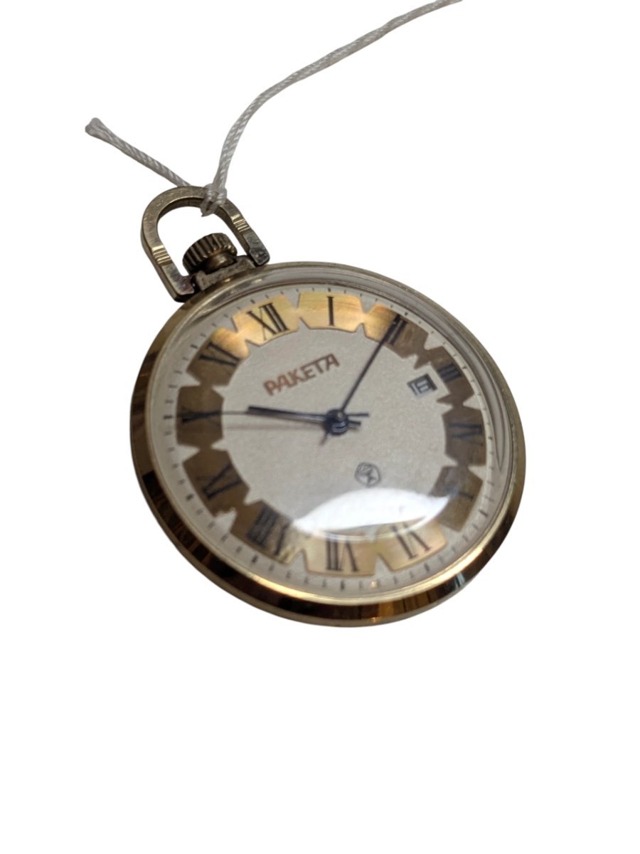 Orologio da tasca sovietico Raketa con marchio di qualità GOST - Grade B 8 Orologio da tasca Raketa vintage sovietico/russo, quadrante chiaro, numeri romani dorati, datario, riferimento catalogo 131.