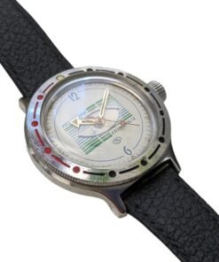 Orologio da collezione vintage russo Vostok Cosmopolis, quadrante spaziale bianco, lunetta girevole bicolore, cinturino in pelle nero, ref. 185.