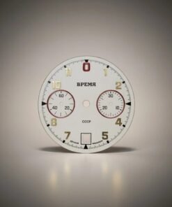 Quadrante orologio cronografo sovietico Vremya Poljot 3133 vintage, bianco con numeri oro e zero rosso.