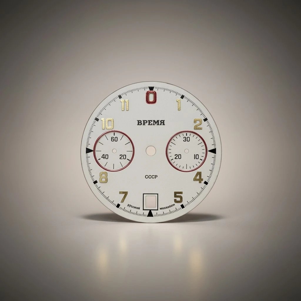 Quadrante cronografo Vremia CCCP – Vintage cirillico, compatibile 3133 1 Quadrante orologio cronografo sovietico Vremya Poljot 3133 vintage, bianco con numeri oro e zero rosso.