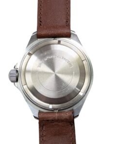 Orologio Vostok Komandirskie Rising Sun Meccanico Manuale URSS - Grade A 21 Orologio russo vintage Vostok Amphibia, vista retro con fondello in acciaio spazzolato e cinturino in pelle marrone, resistente all'acqua.