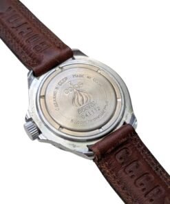Fondello orologio Vostok Amphibia vintage sovietico, numero 041112, Made in USSR, impermeabile, con logo CCCP e cinturino in pelle.